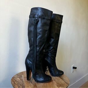 Bebe | Soft Leather Long Tassel Heeled Tall Knee High Boots